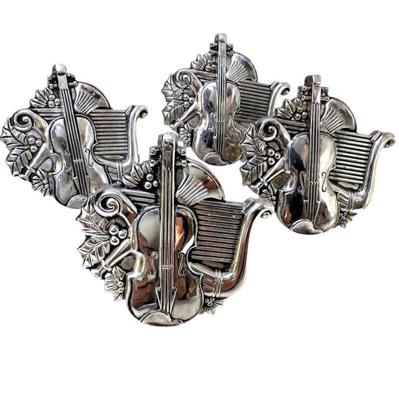 Vintage Bombay Napkin Rings Set of Four Holly Violin Godinger Silver Tone - Picture 3 of 8
